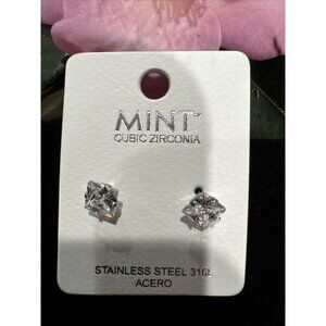 Stainless Steel Square CZ Earrings 316L Silvertone Studs NEW W Gift Bag